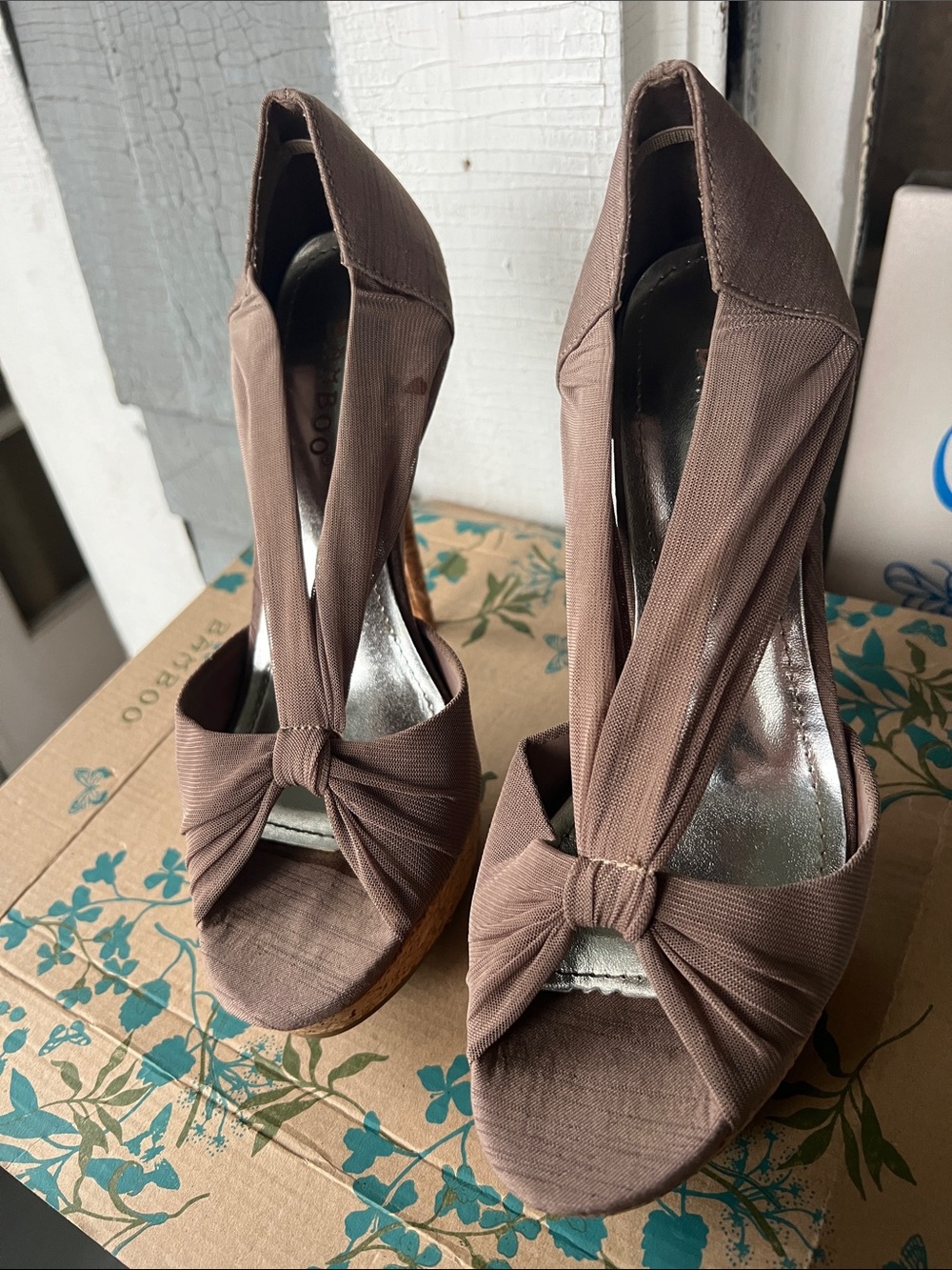 BAMBOO Taupe Knot Front Peep-Toe Platform Heels